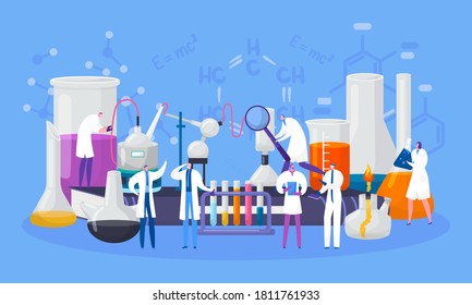 Scientists characters in chemical laboratory conduct experiment in science, vector illustration. Scientifical research, lab with flasks and microscopes, tubes. Chemistry and biology, education.