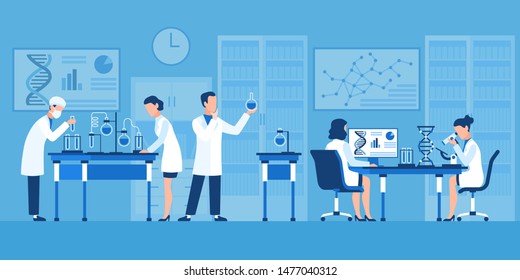 Scientists characters. Chemists in pharmaceutical lab, research with medical equipment. Clinical test with microscope vector researcher laboratory physics biology concept
