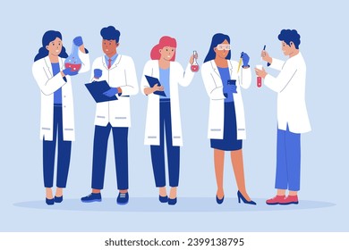 Scientists characters collection set. Science lab worker, chemical researchers and scientist. Vector flat illustration