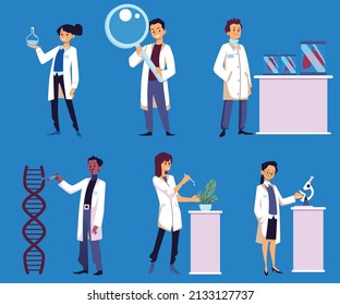 Scientists Characters Conduct Experiments In Biotechnology Or Gene Therapy. Bioengineering Laboratory Research, Flat Vector Illustration Isolated On Blue Background.