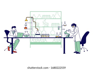 Scientists Characters Conducting Chemical Experiment and Scientific Research in Science Laboratory. Man with Laptop, Woman Look in Microscope. Chemistry Staff Work. Linear People Vector Illustration