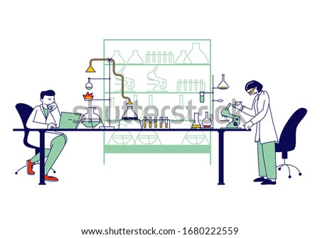 Scientists Characters Conducting Chemical Experiment and Scientific Research in Science Laboratory. Man with Laptop, Woman Look in Microscope. Chemistry Staff Work. Linear People Vector Illustration