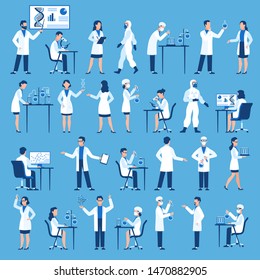 Scientists characters. Doctors group in science hospital laboratory, biological research with test clinical lab equipment vector flat simple persons in uniform, isolated set