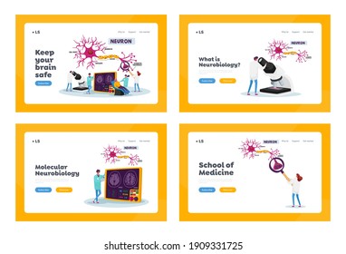 Scientists Characters Learn Human Brain Landing Page Template Set. Neurobiology Laboratory with Scheme Dendrite, Cell Body, Axon and Nucleus with Synaptic Terminals. Cartoon People Vector Illustration svg