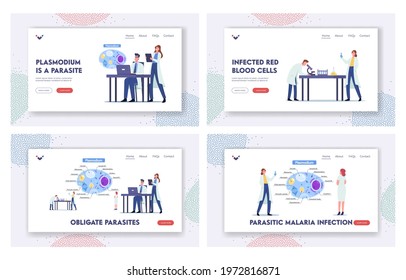 Scientists Characters Learn Plasmodium Parasites Landing Page Template Set. Tiny Microbiology Doctor at Huge Infographics Presenting Cell Inside View with All Parts. Cartoon People Vector Illustration