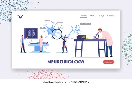 Scientists Characters Learning Human Brain in Laboratory Landing Page Template. People in Lab with Scheme of Dendrite, Cell Body, Axon and Nucleus with Synaptic Terminals. Cartoon Vector Illustration svg