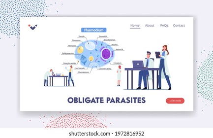 Scientists Characters Learning Plasmodium Parasites Landing Page Template. Tiny Microbiology Doctor at Huge Infographics Presenting Cell Inside View with All Parts. Cartoon People Vector Illustration