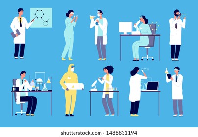 Scientists characters. People in white lab coat, chemical researcher with laboratory clinical equipment. Isolated cartoon vector set