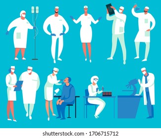 Personajes científicos. Gente con capa blanca de laboratorio, investigador químico con equipo clínico de laboratorio.