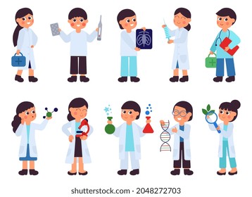 Scientists characters. Research scientist, lab chemistry medical. Laboratory tests, testing water or organic plant. Doctor work decent vector concept