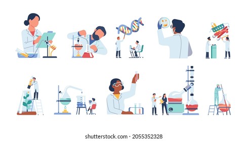 Scientists characters. Researchers people work in