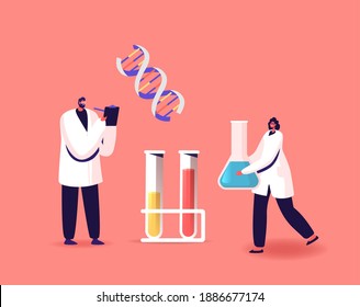 Scientists Characters Scientific Work. Medicine Technology, Genetic Testing. Geneticists Working with Dna and Glass Flasks. Doctor with Beaker Laboratory Research Cartoon People Vector Illustration