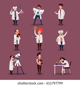 Scientists characters set with chemists biologists physicists and astronomer in different situations isolated vector illustration