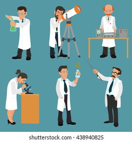 Scientists characters set with male and female people in laboratory. vector. 