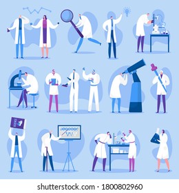 Scientists characters set, people of science, doctors male and female people in laboratory isolated vector illustrations. Scientific research and experiments, tests, medicine and educations.