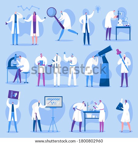 Scientists characters set, people of science, doctors male and female people in laboratory isolated vector illustrations. Scientific research and experiments, tests, medicine and educations.