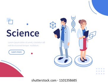 
Scientists characters standing together. Science and technology concept. Can use for web banner, infographics, hero images. Flat isometric vector illustration.