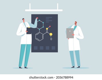 Scientists Characters with Tablets Explain Chemical Formula on Screen in Laboratory, Scientific Methods, Hypothesis and Conclusion. Science Research in Lab Concept. Cartoon People Vector Illustration