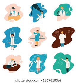 Scientists Characters Wearing White Coats Working at Researching Lab, Biologist Set, Physicist, Astronomer, Gene Engineer, Professor, Chemist, Scientific Research Concept Vector Illustration