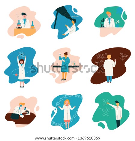 Scientists Characters Wearing White Coats Working at Researching Lab, Biologist Set, Physicist, Astronomer, Gene Engineer, Professor, Chemist, Scientific Research Concept Vector Illustration