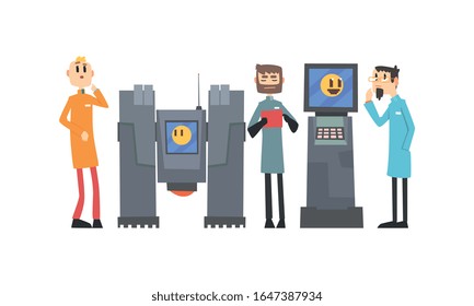 Scientists Characters Working with Robotic Machines, Artificial Intelligence Technology Vector Illustration