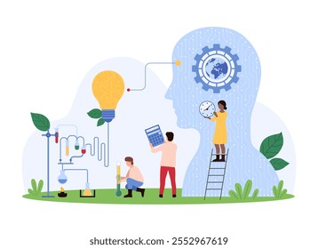 Cientistas colaborando com a tecnologia de IA e ferramentas inovadoras, conduzindo experimentos e analisando dados para promover o conhecimento científico e soluções ilustração vetorial.