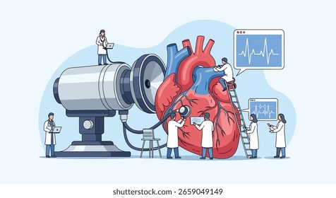 Wissenschaftler untersuchen gemeinsam die Anatomie und Funktion des menschlichen Herzens mit modernster Medizintechnik für die Gesundheitsforschung