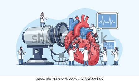 Scientists collaboratively examining the human heart anatomy and function with advanced medical technology for health research
