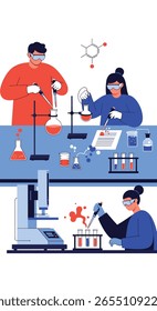 Scientists conduct experiments in a laboratory observing chemical reactions and discoveries