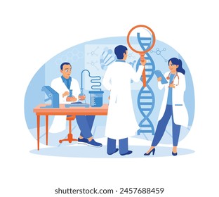 Scientists conduct research on DNA molecules in the laboratory. Biological experiment. Laboratory concept. Flat vector illustration.