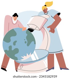 Scientists conduct research to study planet Earth, makes experiments to determine level of climate change, state and degree of pollution of air, using lab microscope to identify environmental problems