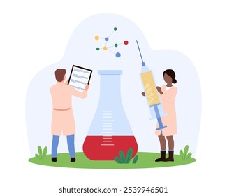 Scientists conducting chemical research with a large flask and a giant syringe. One records data on a clipboard, while another prepares a solution vector illustration.