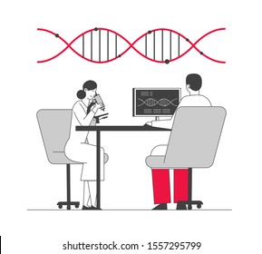 Scientists Conducting Experiment and Scientific Research in Laboratory. Dna Engineering and Genetics Science. Woman Look in Microscope, Technician Work on Pc. Flat Vector Illustration, Line Art