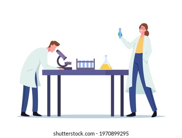 Scientists Conducting Experiment and Scientific Research in Science Laboratory, Man Look in Microscope, Woman Technician Holding Flask. Chemistry, Microbiology Science. Cartoon Vector Illustration