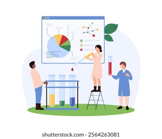 Scientists conducting experiments and analyzing results, using charts and graphs to interpret data and make informed decisions in a laboratory setting, vector illustration.