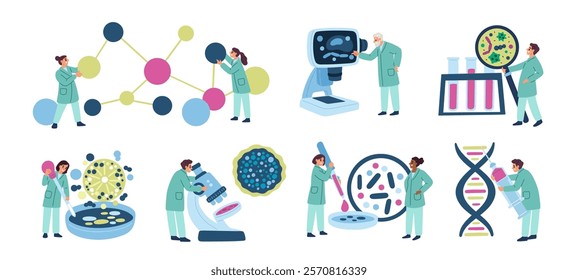 Scientists are conducting experiments. Laboratory work. Different branches of science. Tiny people in medical coats. DNA and chemical molecule. Microbiology research