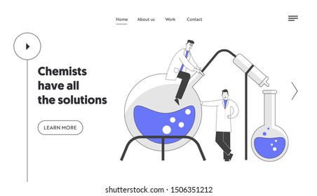 Scientists Conducting Experiments in Science Laboratory Website Landing Page. Male Characters Researchers in Chemical Lab Scientific Research Web Page Banner. Flat Vector Illustration, Line Art