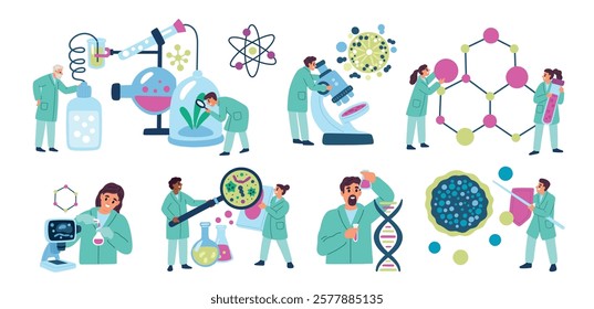 Scientists conducting laboratory tests. Chemist experiment. Biologists and physicists characters. Molecules research. Lab microscope. Tiny people with big beakers. Garish