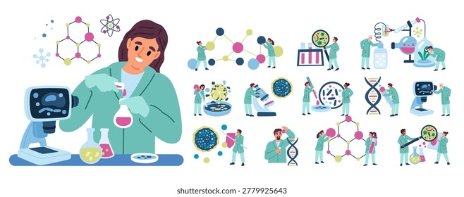 Scientists conducting laboratory tests. Chemist experiment. Scientific trials. Genome molecules research. Lab microscope. Tiny people with big beakers. Biologists and physicists characters vector set
