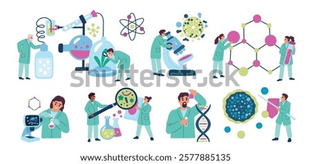 Scientists conducting laboratory tests. Chemist experiment. Biologists and physicists characters. Molecules research. Lab microscope. Tiny people with big beakers. Garish