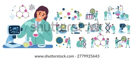Scientists conducting laboratory tests. Chemist experiment. Scientific trials. Genome molecules research. Lab microscope. Tiny people with big beakers. Biologists and physicists characters vector set