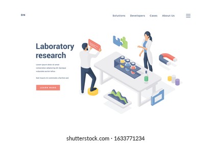 Scientists conducting research in lab. Man and woman performing chemical experiment on table on vector banner of website offering laboratory research service. Isometric vector illustration