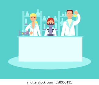 Scientists conducting research in laboratories. Flat design. Vector illustration