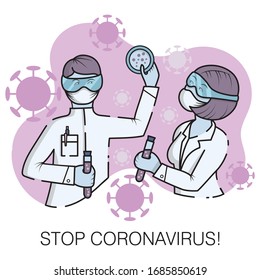 Scientists are conducting research on coronavirus  Covid 19,  (2019-nCoV) to creat vaccine. World's coronavirus pandemic 2019-2020. Contagious Flu. New type of coronavirus. Cartoon vector illustration
