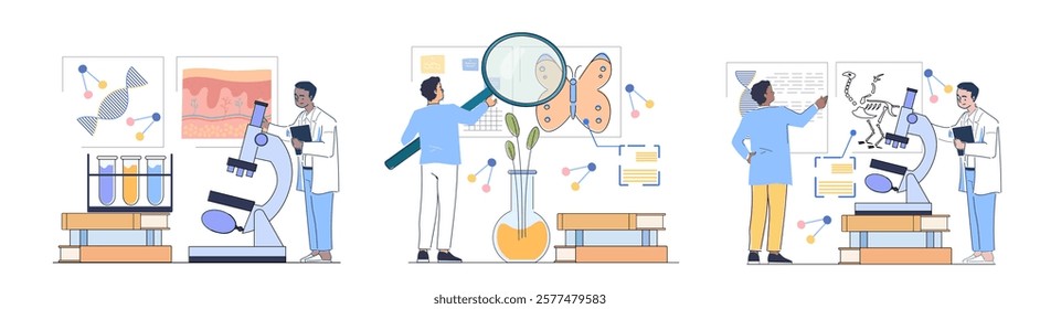 Scientists conducting research using microscopes, analyzing DNA, fossils, and butterflies in a lab setting. Flat graphic style, white background. Science concept. Flat line art vector illustration.