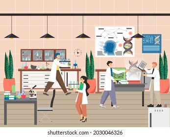 Wissenschaftler, die wissenschaftliche Experimente durchführen, Gene studieren, flache Vektorgrafik. Forschungslabor für Genetik.