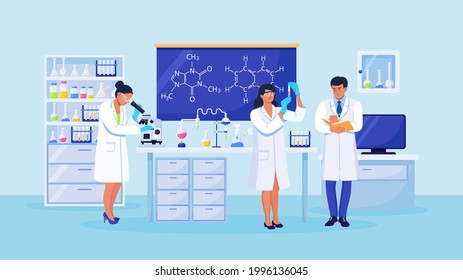 Scientists conducting scientific research, analysis and tests of vaccines. Biochemical science laboratory staff performing various experiments. Developments and discoveries in microbiology, chemistry