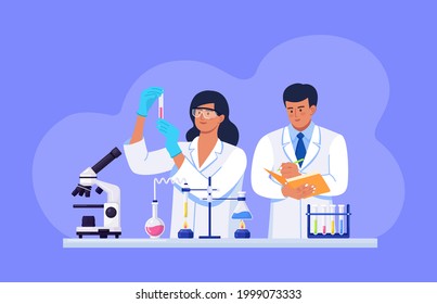 Scientists conducting scientific research, analysis and tests of vaccines. Biochemical science laboratory staff performing various experiments. Developments and discoveries in microbiology, chemistry