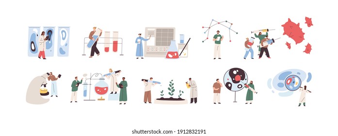 Scientists Conducting Scientific Researches, Analyses And Tests Of Vaccines. Developments And Discoveries In Medical Science Concept. Graphic Flat Vector Illustration Isolated On White Background