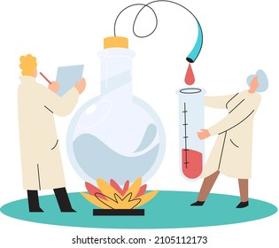 Scientists conducting scientific researches, team of laboratory assistants in uniform holding test tubes working in medical lab researchers making chemical experiments with test liquids and equipment